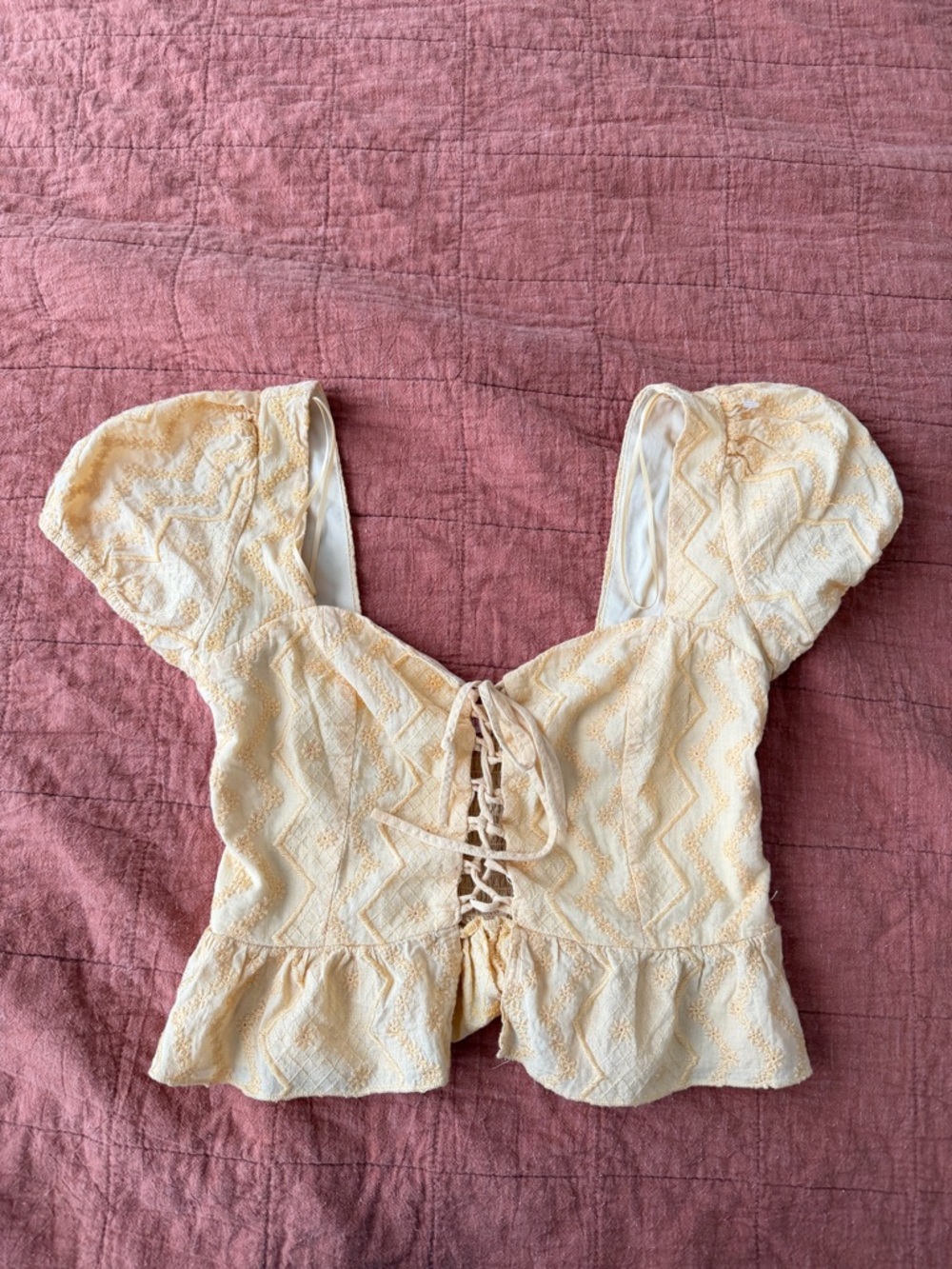 Ruffled Puff-sleeve Lace Up Top Butter Yellow S Cottagecore Prairie Milkmaid
